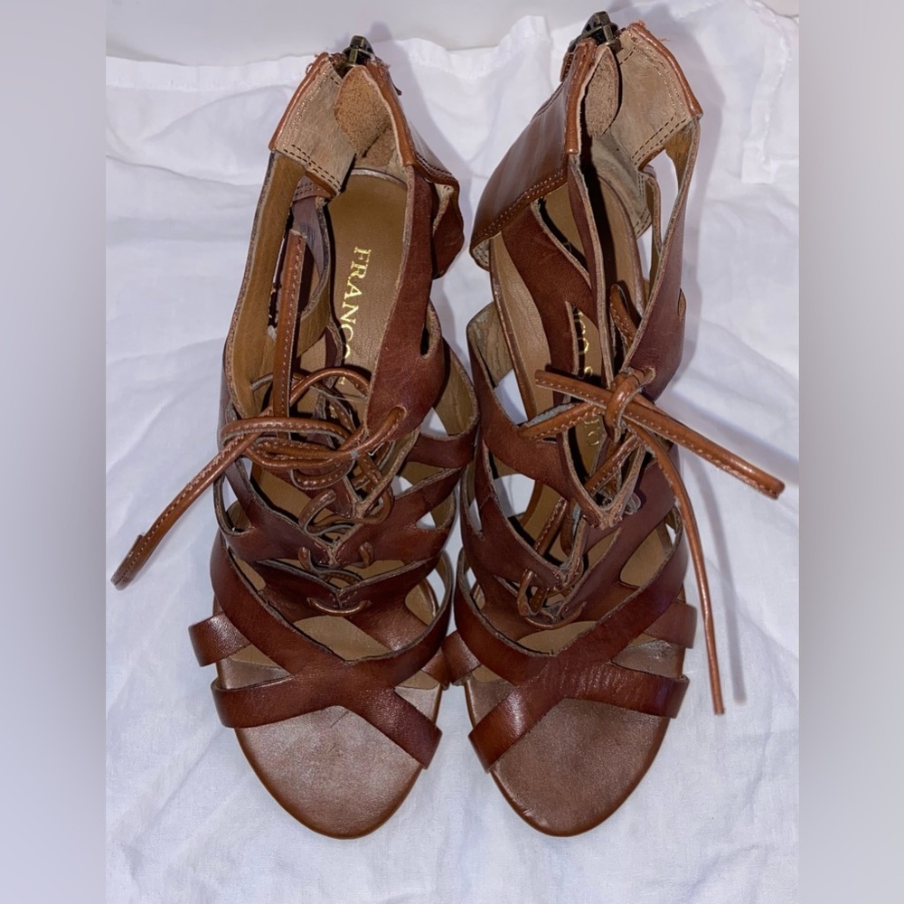 Franco Sarto Leather Wedge Sandals – Size 6M, Strappy Lace-Up with Zipper